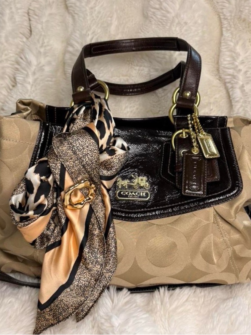 COACH Beige Signature Canvas and Brown Leather Tote with Scarf